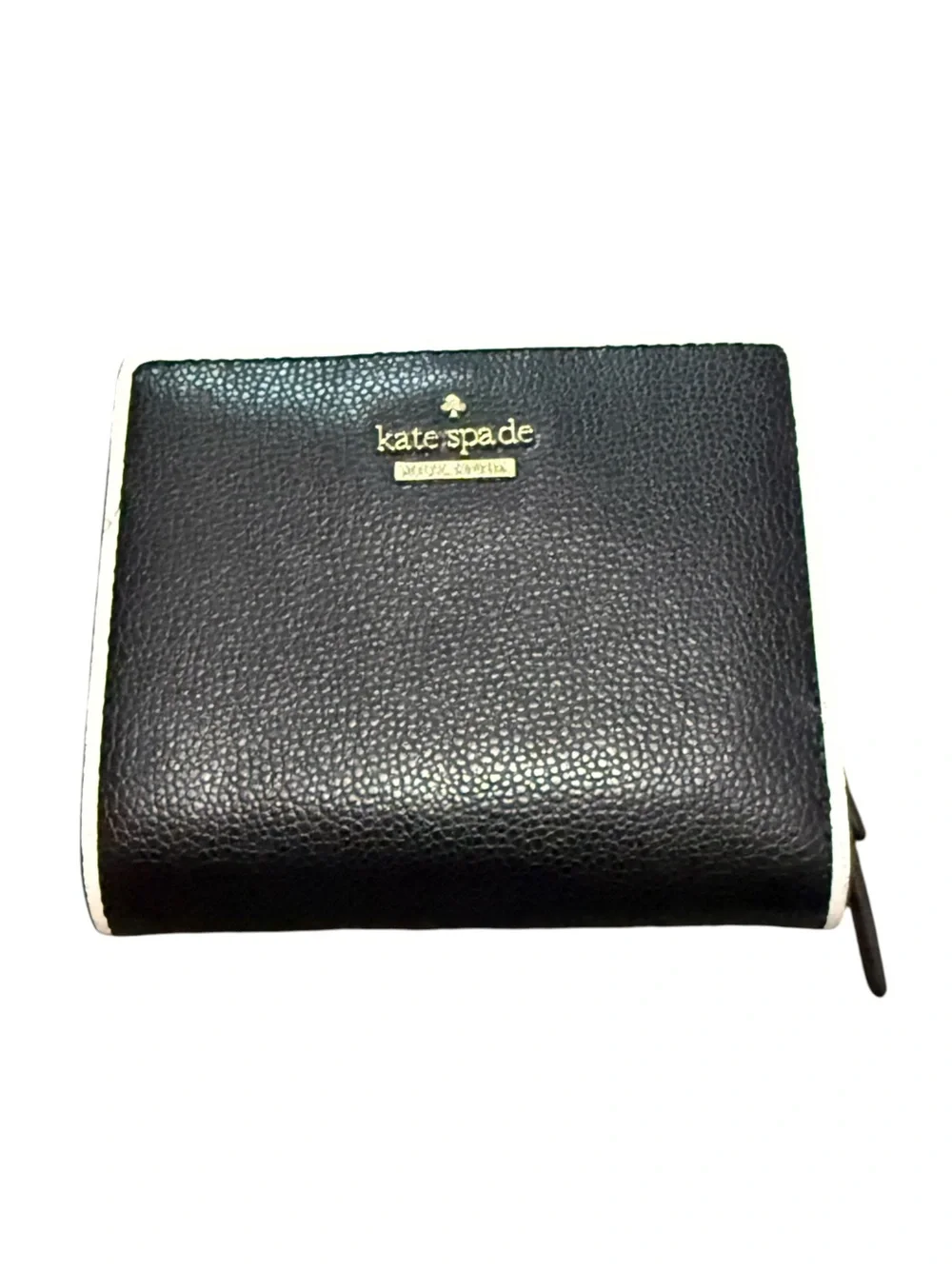 kate spade Black Pebbled Leather Bifold Wallet with White Trim